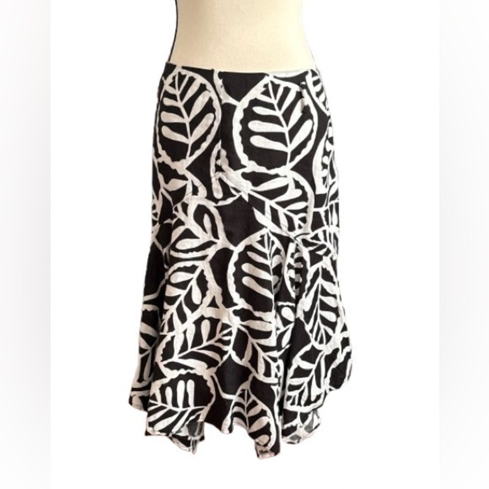 Black White Leaf Print Linen Midi Skirt Size 12 Lined Flare - Picture 3 of 5